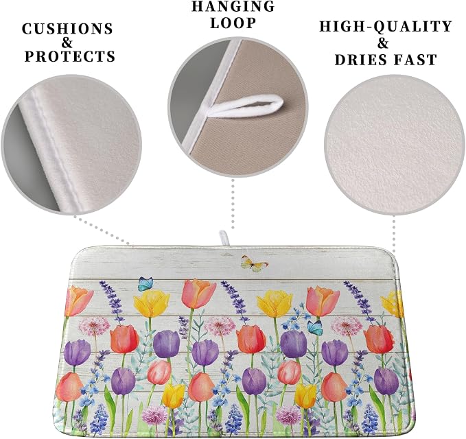 Tulip Floral Dish Drying Mat for Kitchen Counter Watercolor Spring Flower Dish - Image 3
