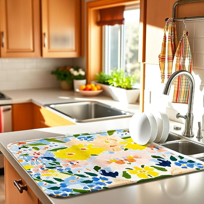 Blue and Yellow Floral Large Dish Drying Mats, Reversible Dish Drying Pads - Image 2