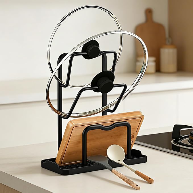 Kitchen Pot Lid Storage Rack: Carbon Steel Double Layer Pot Lid Organizer by AMDISI
