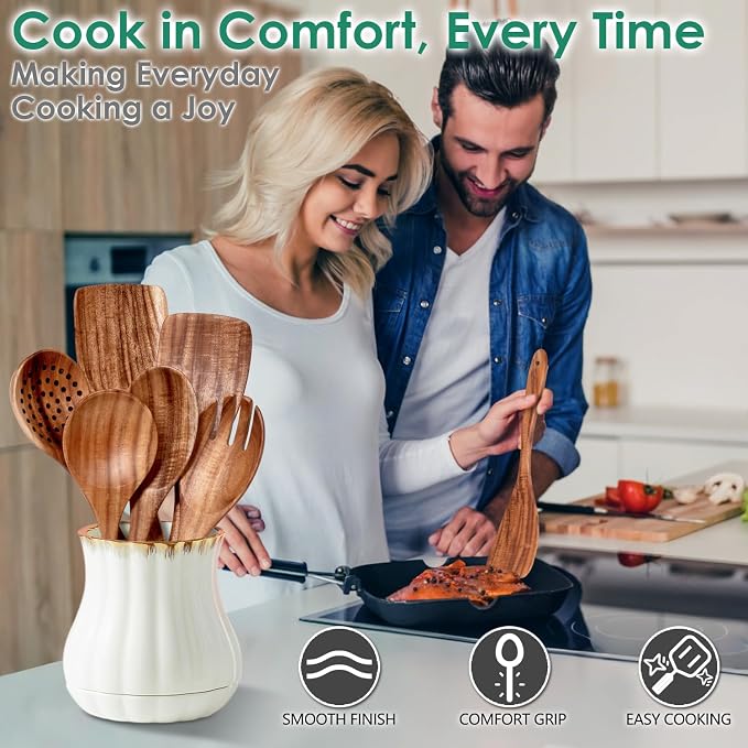 HOWHONG Wooden Spoons for Cooking, Teak Wood Kitchen Utensil Set, Premium - Image 5