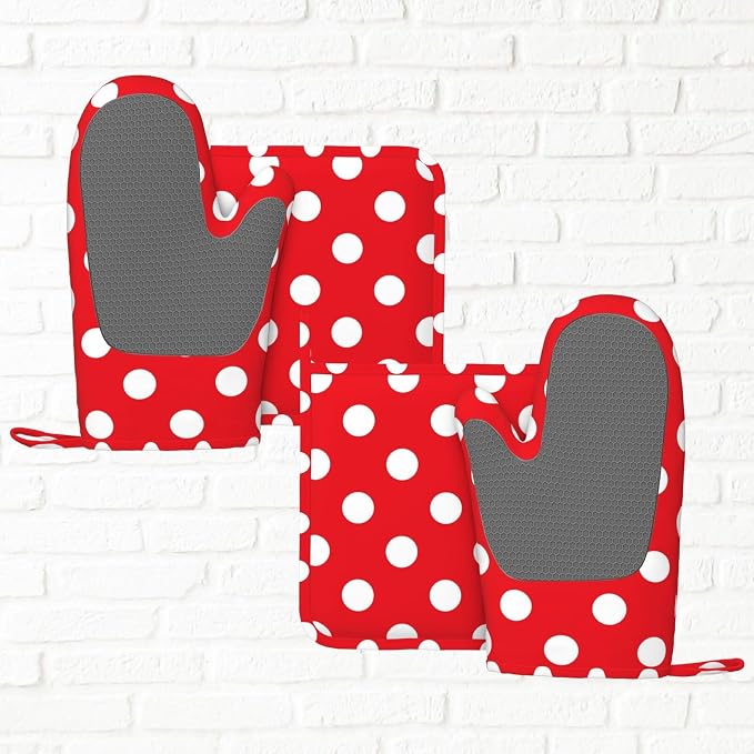 Red and White Polka Dot Oven Mitts and Pot Holders Sets of 4, Heat Resistant - Image 6