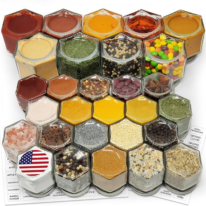 Magnetic Spice Jars Combo Pack 29 Pack Refrigerator Hexagon Glass Spice Jar by CROSS+HOMES