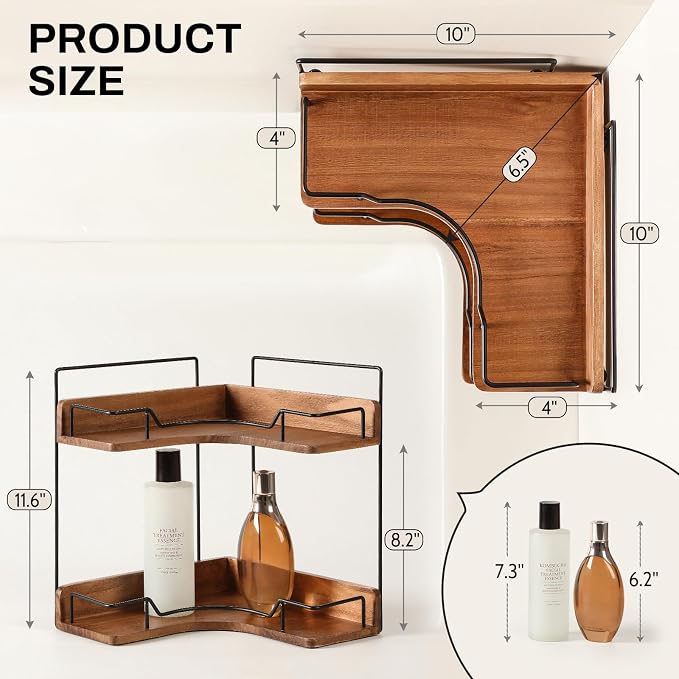 2-Tier Bathroom Counter Organizer, Wooden Corner Shelf - Image 2