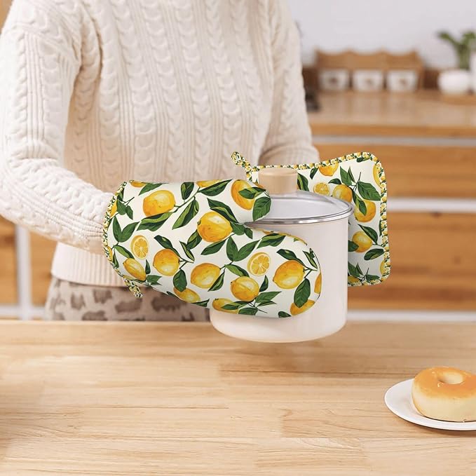 Oven Mitts and Pot Holders Set, Lemon Fruit Watercolor Silicone Kitchen - Image 7