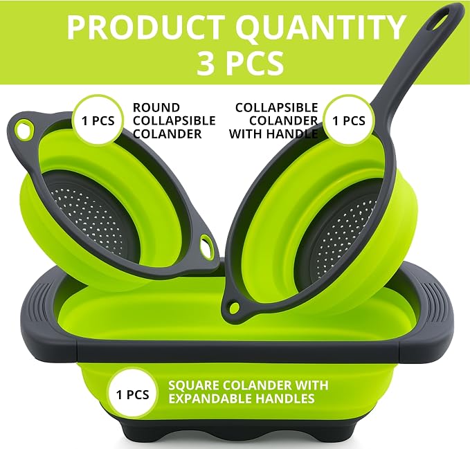 3PCS Green Foldable Kitchen Strainer Set – Silicone Colander Collapsible - Image 4