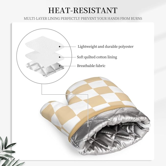 Checkered Beige Silicone Oven Mitts Pan Mats Set of 2, Heat Resistant Gloves - Image 4