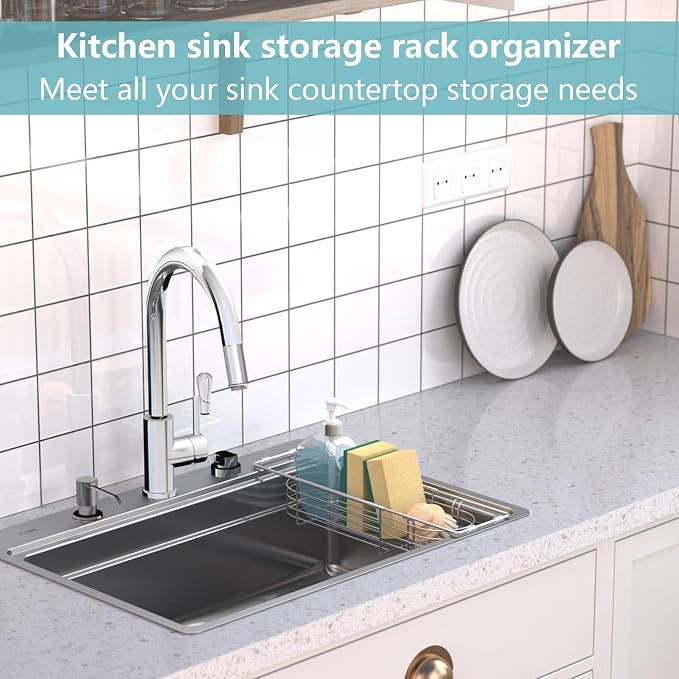 Sink Caddy Sponge Holder Kitchen Sink Organizer, Telescopic sink organizer rack - Image 2