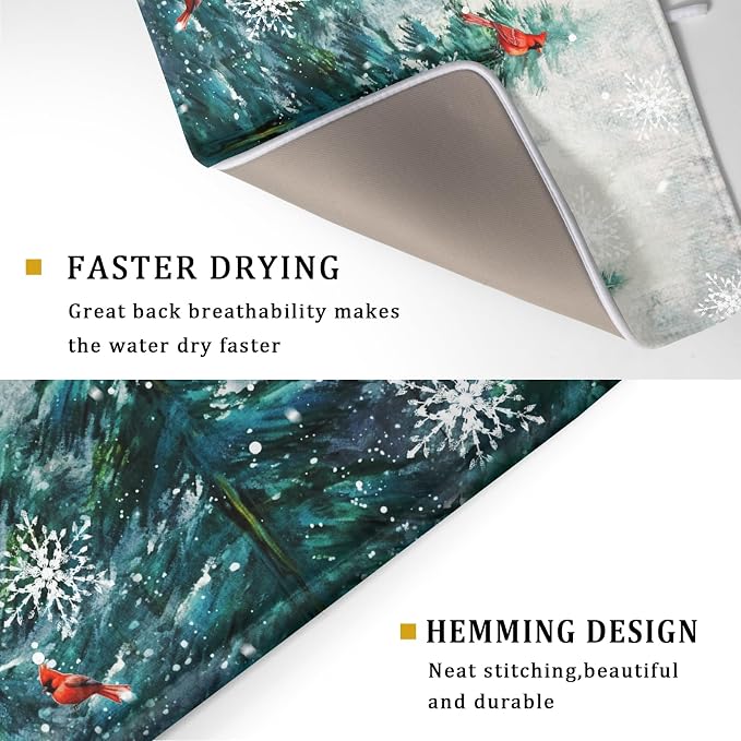 Pine Tree Dish Drying Mat for Kitchen Countertop Red Bird Dishes Mats Winter - Image 3