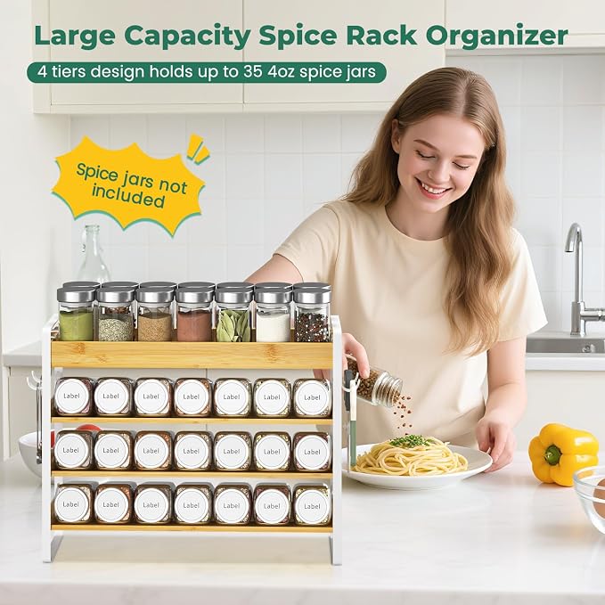 EsLuker.ly Spice Seasoning Rack Organizer Kitchen Countertop, 4 Tier Bamboo - Image 2