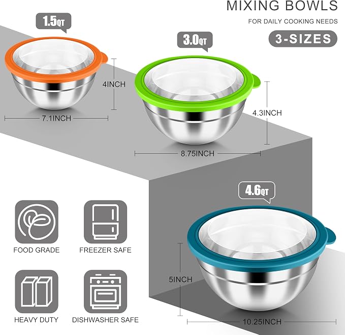 HaWare Mixing Bowls with Airtight Clear Lids, 6-Piece Stainless Steel Strong - Image 2