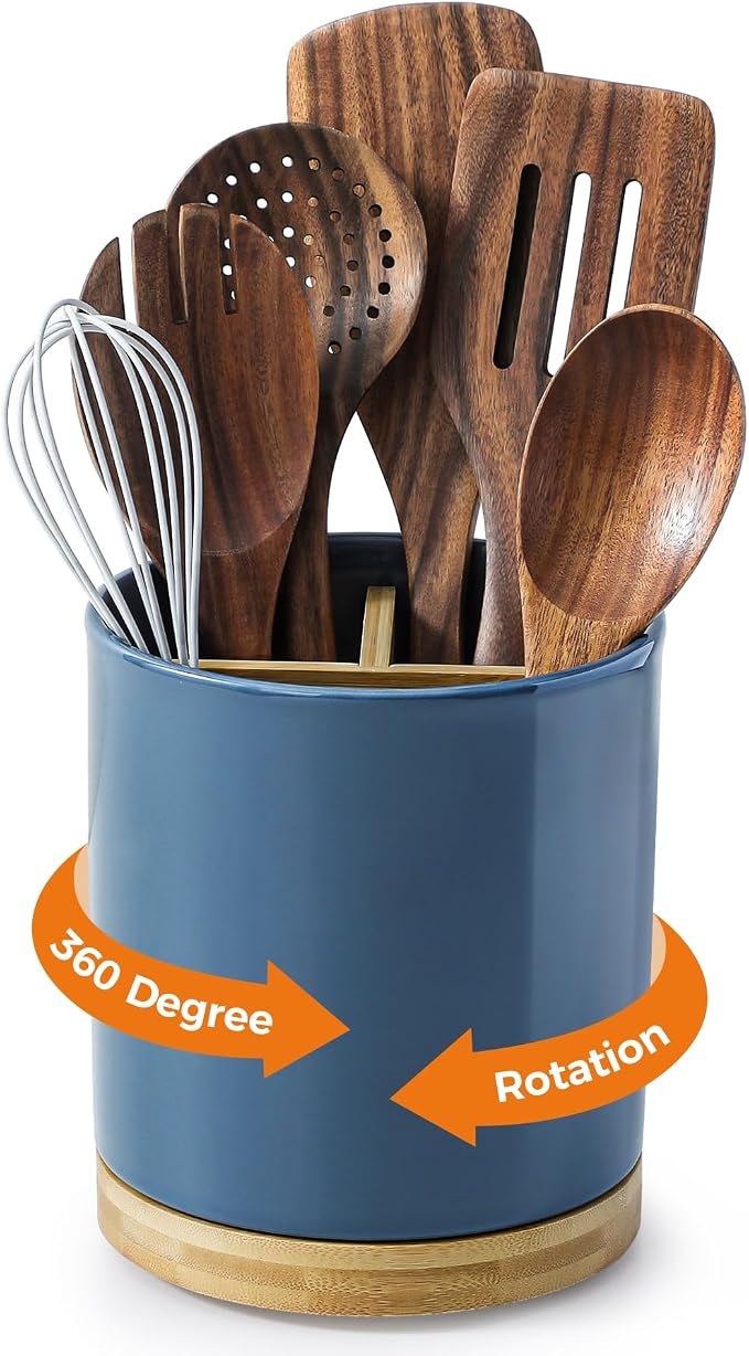 LoeJan 3 Compartment Utensil Holder, Extra Large Utensil Crock, Stable Ceramic by LoeJan