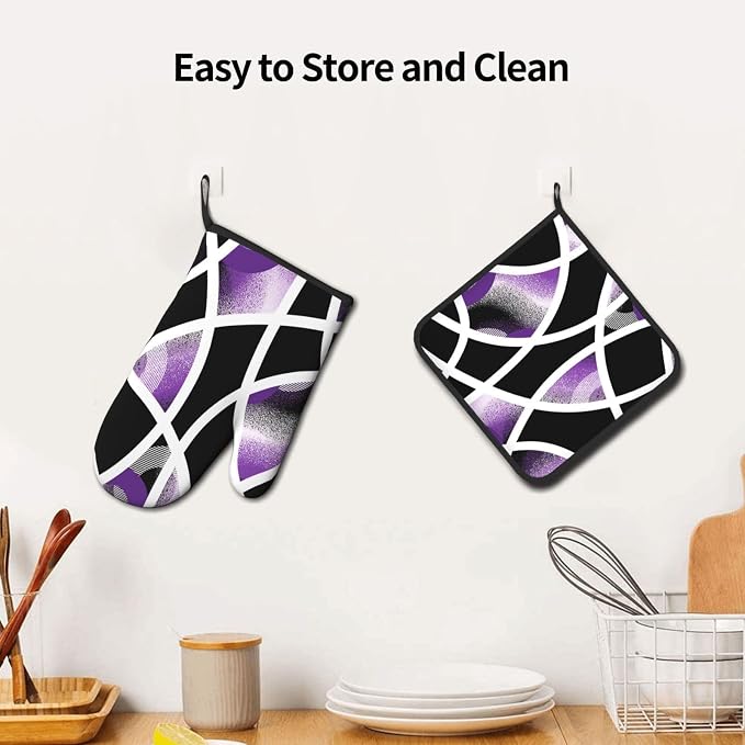 3-Piece Purple Black Abstract Geometric Oven Mitts and Pot Holders Set - Image 5