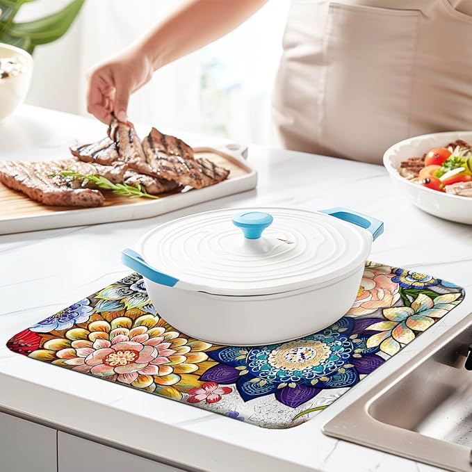Boho Drying Mat 16" X 18" Boho Flower Kitchen Counter Stone Large Dish Drying - Image 4