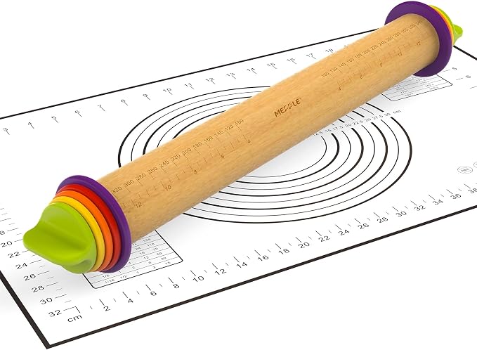 Rolling Pin with Thickness Rings and Pastry Baking Mat, 13.6" Adjustable Wooden by MeppleMakeYourLifeSimple