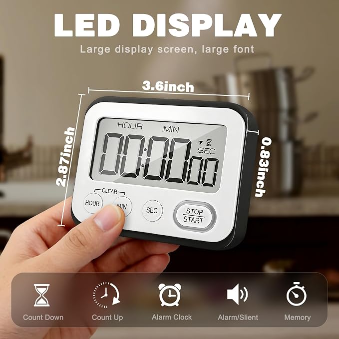Digital Kitchen Timer Magnetic Loud Alarm, Large LCD Screen Silent/Beeping - Image 6
