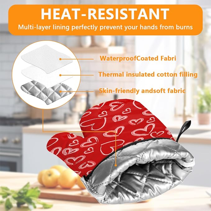 White Love Hearts Oven Mitts and Pot Holders Sets 4Pcs, Extra Long Oven Gloves - Image 3