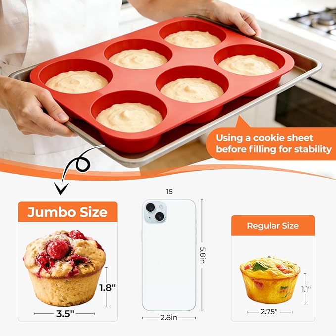 CAKETIME Silicone Jumbo Muffin Pan, 3.5 Inch Silicone Texas Muffin Pan 6 Cup - Image 2