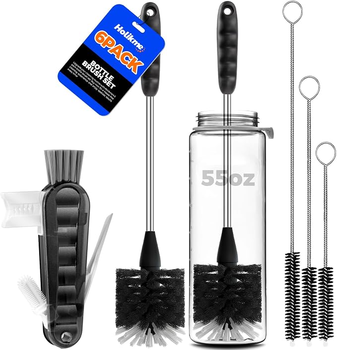 Holikme 6 Pack Bottle Brush Set, 3 Straw Brushes, 3-in-1 Bottle Cleaning Brush by Holikme