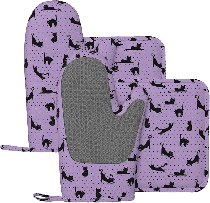 Black Cat Oven Mitts and Pot Holders Sets of 4, Resistant Hot Pads by Nelife