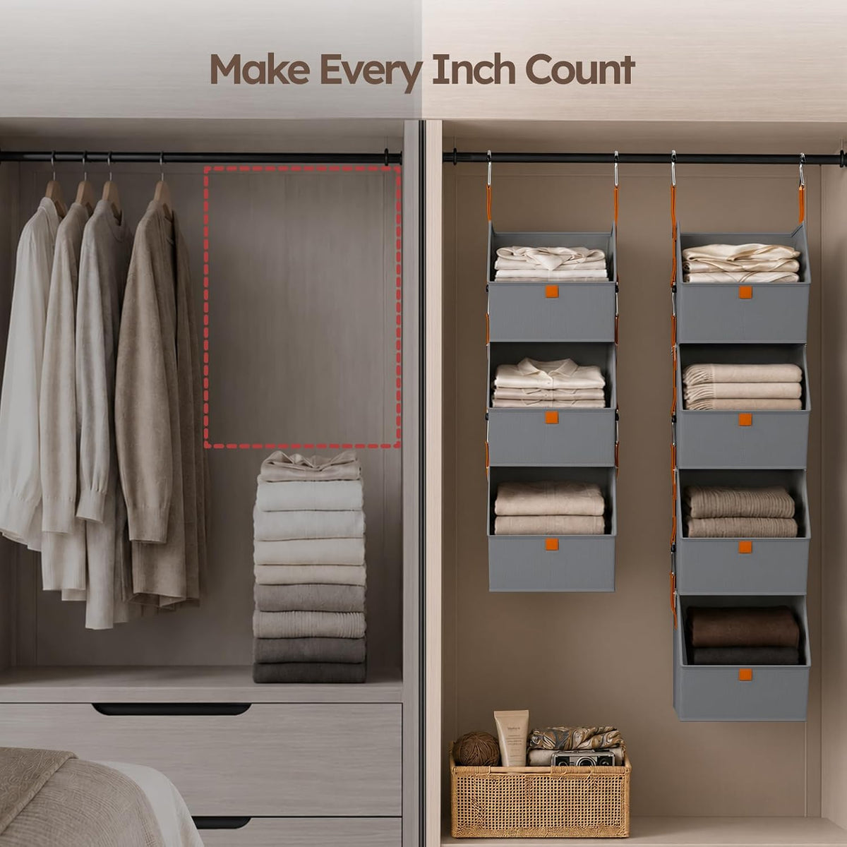 Hanging Closet Organizer, Modular 4-in-1 Hanging Shelves, Grey
