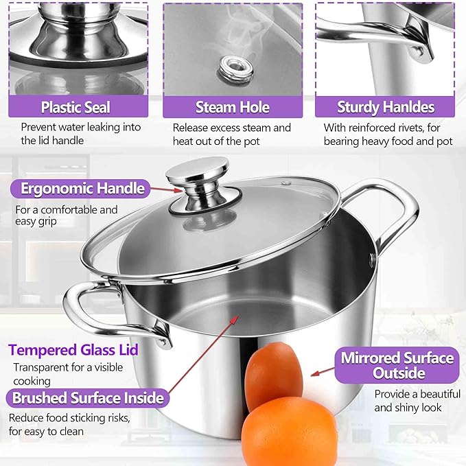P&P CHEF 5 Quart Tri-Ply Stainless Steel Stock Pot, 5 Qt Stockpot Pasta Cooking - Image 3