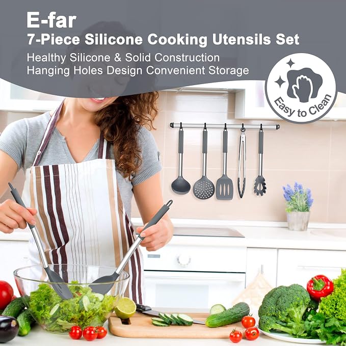 E-far Silicone Cooking Utensils Set, Slotted Turner, Soup Ladle, Pasta Server - Image 7