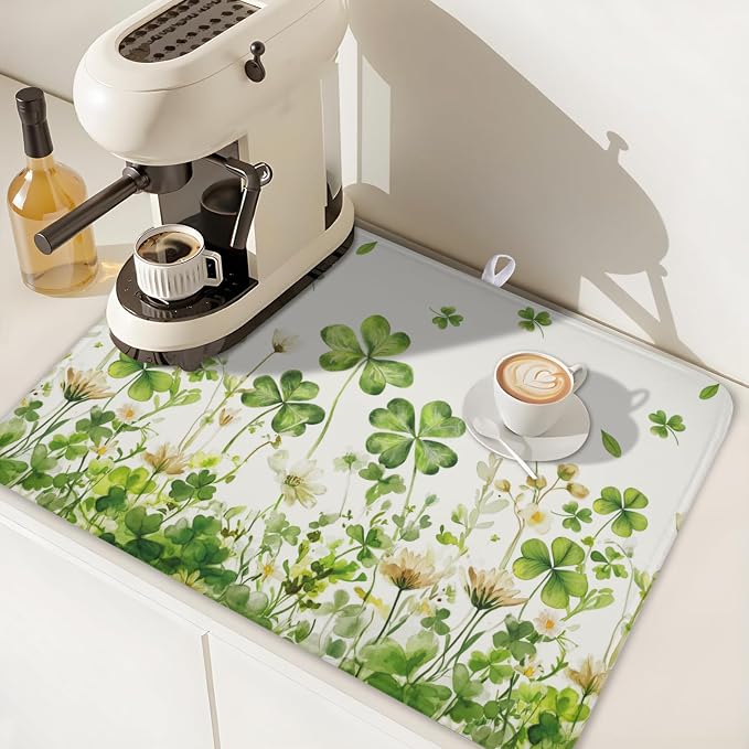 St Patrick's Day Dish Drying Mat 18 x 24 Inch Green Clover Dish Drainer Rack - Image 7