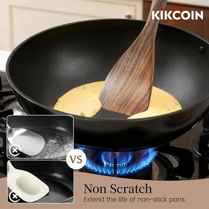 Kikcoin 7 PCS Durable Natural Teak Wooden Cooking Utensils Set, Non Toxic - Image 3