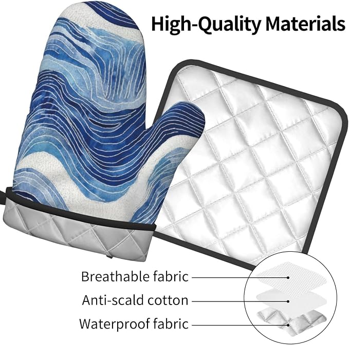 Blue and White Ocean Wave Oven Mitts and Pot Holders Sets of 3, Heat Resistant - Image 8