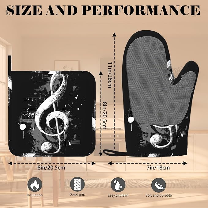 Black Notes Oven Mitts and Pot Holders Sets Non-Slip Silicone Surface - Image 3