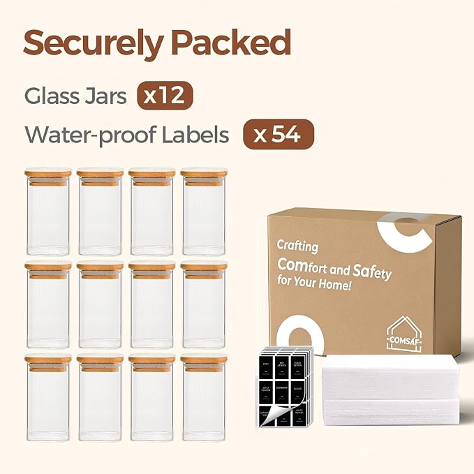 ComSaf 12Pcs Spice Jars with Labels, Glass Jar with Bamboo Lid, 10oz Airtight - Image 8