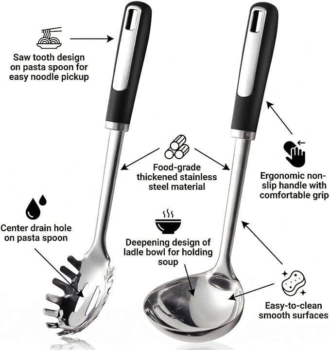Stainless Steel Ladle and Pasta Server Set, Food-Grade Thickened Metal Soup - Image 3