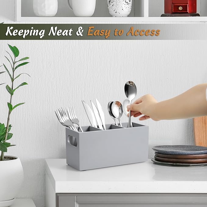 DRASTAR Wooden Silverware Caddy, Flatware Cutlery Holder, Kitchen Utensil Holder - Image 4