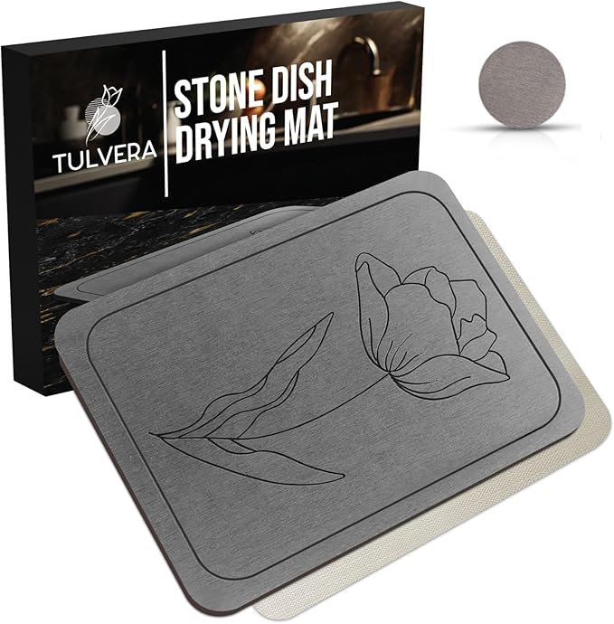Stone Dish Drying Mat for Kitchen Counter – Diatomaceous Earth Drying Mat | by Tulvera