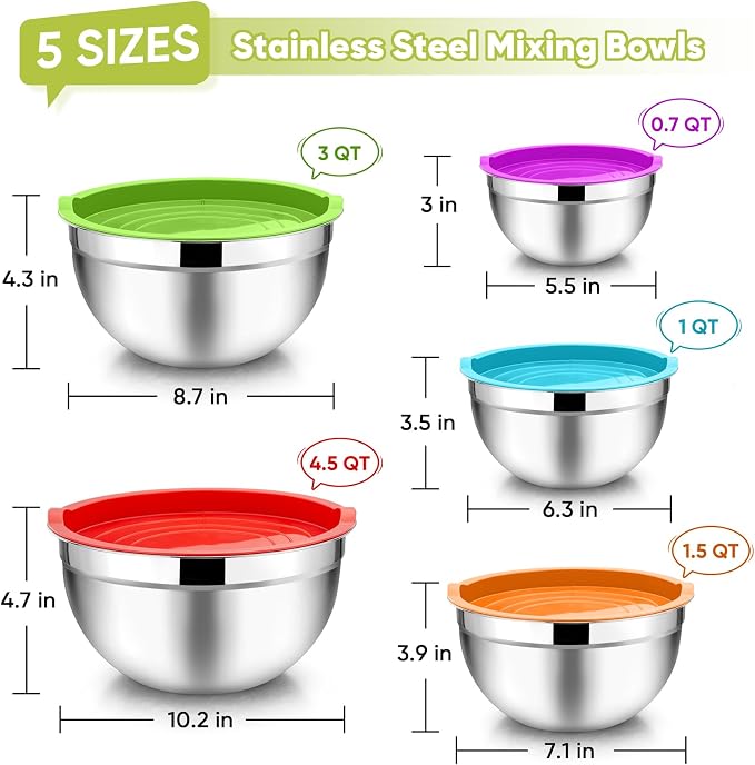 TeamFar Mixing Bowls, 4.5/3/1.5/1/0.7 QT, Stainless Steel Metal Nesting Salad - Image 2
