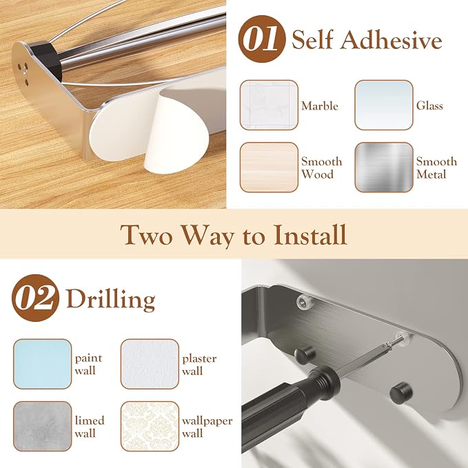 Paper Towel Holder Under Cabinet + Towel Robe Hooks, Single Hand Operable Under - Image 7