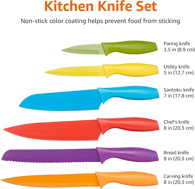 Amazon Basics Color-Coded Dishwasher Safe Kitchen Knife Set, 12-Piece - Image 5