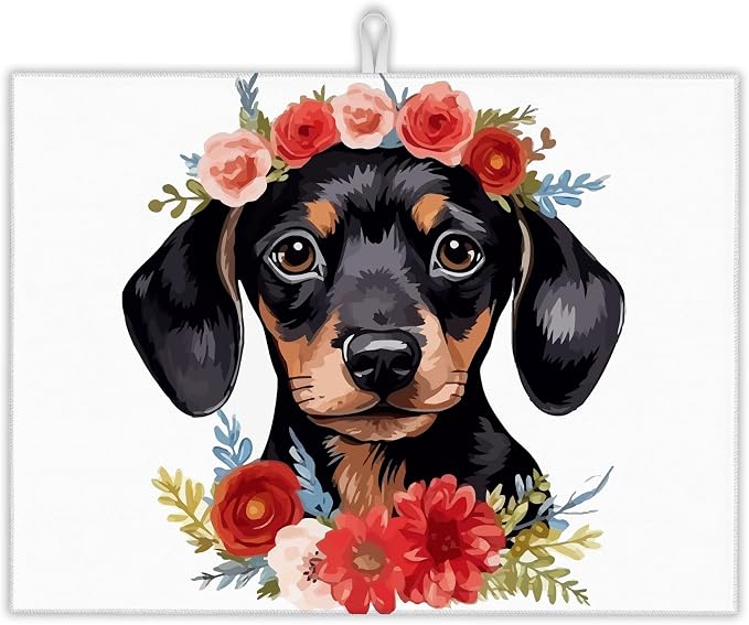 Dachshund Dog Flowers Dish Drying Rack Mat by UIUPRO