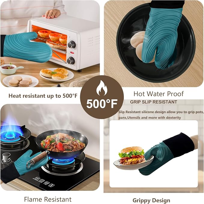 Silicone Oven Mitts-13.6 in Extended Oven Mitts Heat Resistant 500F, Oven Gloves - Image 4