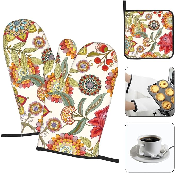 Boho Floral Oven Mitts and Pot Holders Sets of 3 Heat Resistant Hot Pads - Image 3