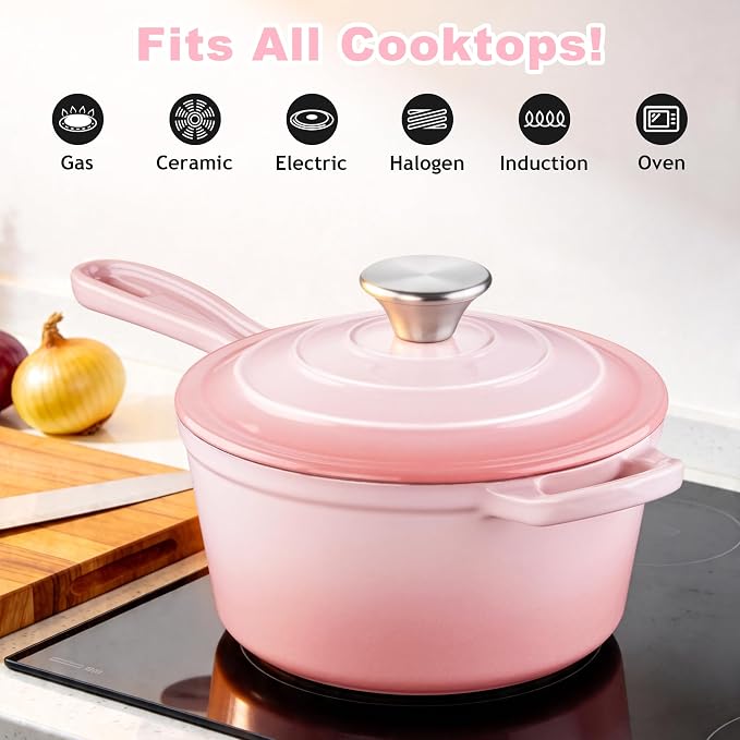 2 Quart Sauce Pan with Lid, Leonyo Small Cooking Pots, Enameled Cast Iron - Image 5