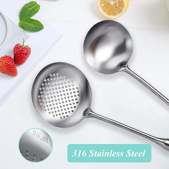 Soup Ladle and Slotted Spoon Set of 2, Metal 316 Stainless Steel Kitchen Ladles - Image 3