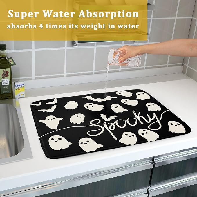 Halloween Dish Drying Mat for Kitchen Counter 18x24 Cute Ghost Black Spooky - Image 7