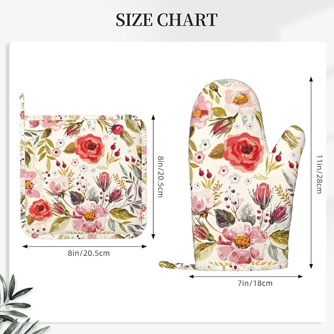 Wildflowers Floral Oven Mitts Pot Holders Set Silicone Heat Resistant Botanical - Image 3
