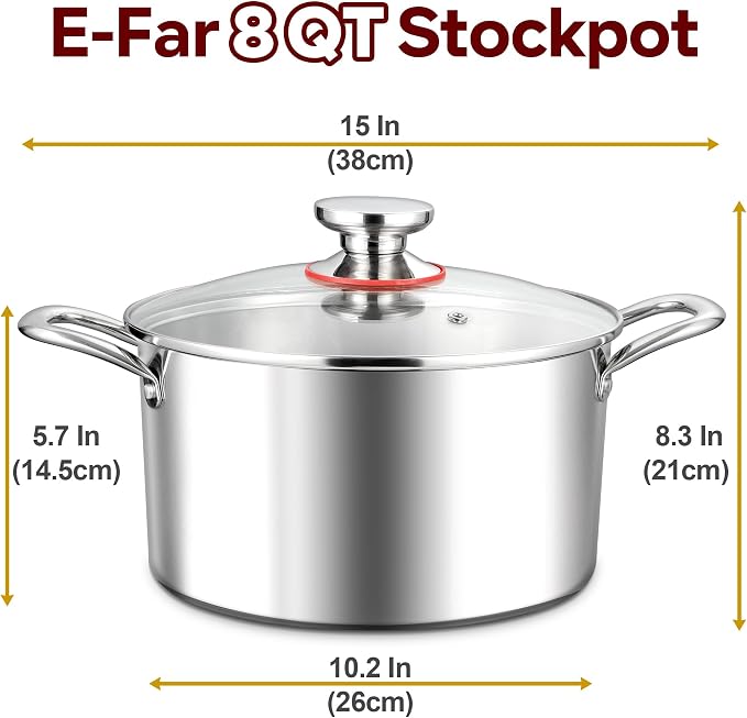 E-far 8 Quart Stock Pot with Lid, 18/10 Tri-ply Stainless Steel Stockpot - Image 2