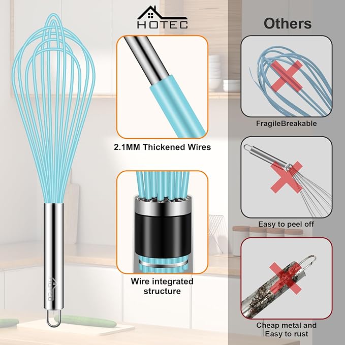 HOTEC 4 Pieces Silicone Whisks Set, Wire Balloon Whisks Egg Beater, Non-slip - Image 6