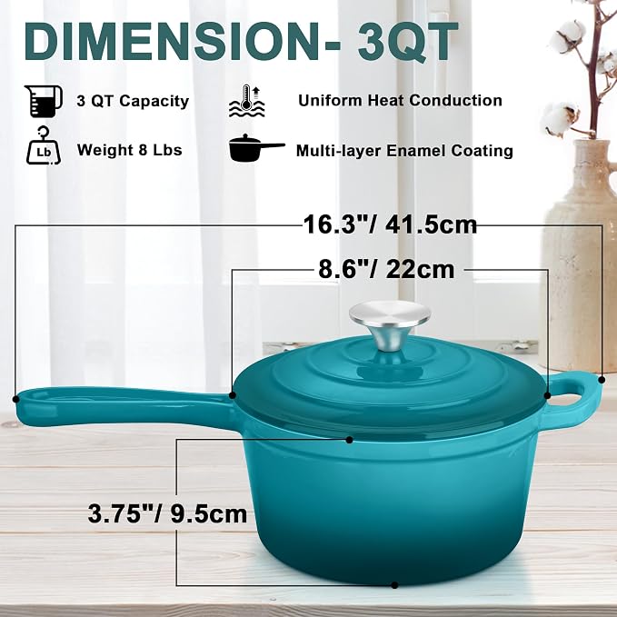 3 Quart Sauce Pan with Lid, Leonyo Enameled Cast Iron Sauce Pot, Large Cast - Image 2