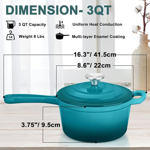 3 Quart Sauce Pan with Lid, Leonyo Enameled Cast Iron Sauce Pot, Large Cast - Image 2