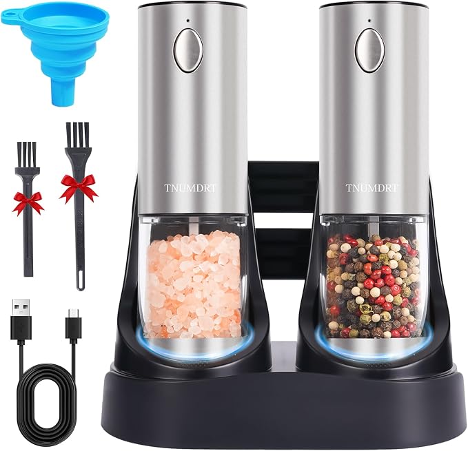 Stainless steel Electric Salt and Pepper Grinder Set, Large Capacity Automatic by TNUMDRT