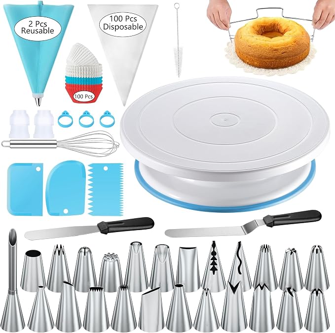 240PCS Cake Decorating Supplies Kits Cake Turntable, 100 Piping Bags 100 by GZMAISULEE